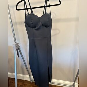 Pink Boutique Satin evening/cocktail dress with lace and front slit. Navy blue.